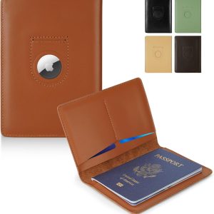 Full Grain Leather AirTag Passport Holder Wallet Cover for Men and Women Travel, Passport Holder with AirTag Slot Passport Wallet, Travel Essentials Genuine Leather Passport Cover Gifts (Brown)
